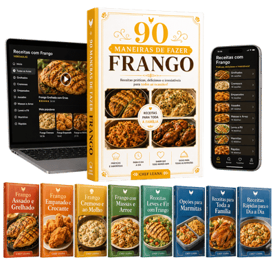 Kit 90 Maneiras de Fazer Frango da Chef Luana com ebook, telemóvel, computador e cadernos de receitas
